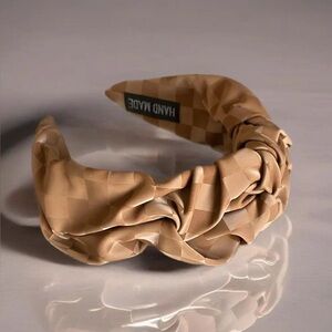 Retro Checkered Camel Ruched Vegan Leather Headband Boho Padded Statement NEW